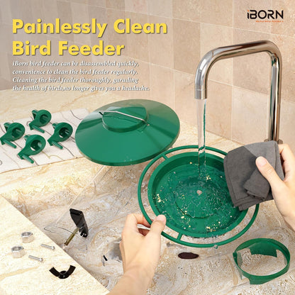 iBorn Bird Feeders for Outdoors, 2LB Metal Bird Feeders 17cm Large Roof &Tray, 4 Feeding Ports, Green Finish