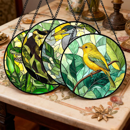 Stained Glass Window Hanging 4 Pcs Set Green Plants Animals Theme Large 11.8" - Bird Tiger Suncatcher Door Garden Sun Catcher Decor Birthday for Mom Woman Nana Men Friend