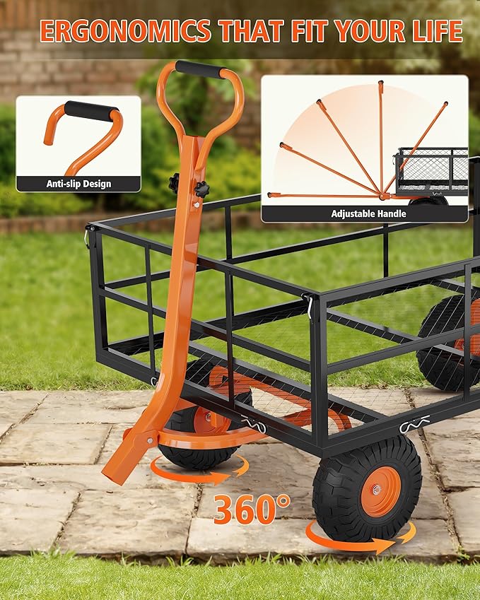Metal Wagon - 900lbs Garden Cart with 10" Multi-Terrain Tires, 4 Removable Mesh Sides & 180° Swivel Handle, Yard Wagon Cart for Lawn, Yard, Patio Gardening