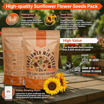 Sunflower Mix Seeds Pack 2 oz - Over 2,500 Non-GMO Heirloom Sunflower Seeds for Planting, Annual Flowers in Individual Seed Packet for Planting Home Garden Indoor & Outdoor Gardening