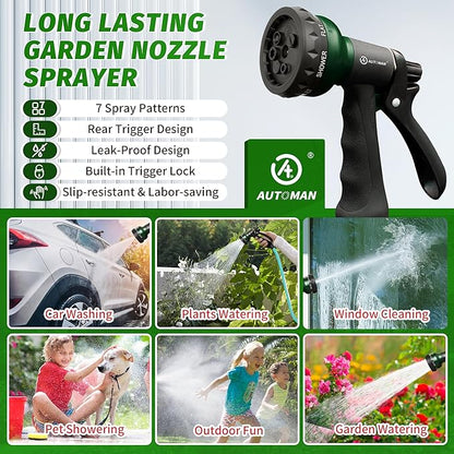 AUTOMAN Garden Hose Nozzle, Water Sprayer Nozzle with 7 Adjustable Watering Patterns,Slip Resistant Nozzle for Plants,Lawn,Washing Cars,Window Cleaning,Showering Pets & Outdoor Fun.
