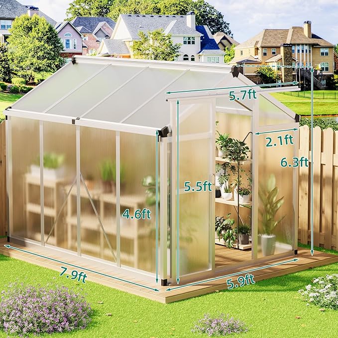 6x8 ft Greenhouse, Large Aluminum Greenhouses for Outdoors, Heavy Duty Polycarbonate Greenhouse with Roof Vent, Walk-in Green Houses for Winter Garden, Backyard, Patio, Lawn, Easy Assembly