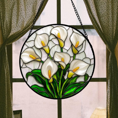 Stained Glass Window Hanging, White Calla Lily Suncatcher Diamond Glass Panel Hangings Flowers Sun Catchers Decor for Birthday for Women, Men, Wife, Aunt, and Mom 14.9x14.9 in