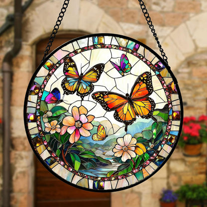 Stained Glass Window Hanging, Butterflies Flying in The Sky Suncatcher for Doors Home Sun Catchers Decoration and Christmas, Mother's Day Birthday Gifts for Women, Men, and Mom 11.8x11.8 in