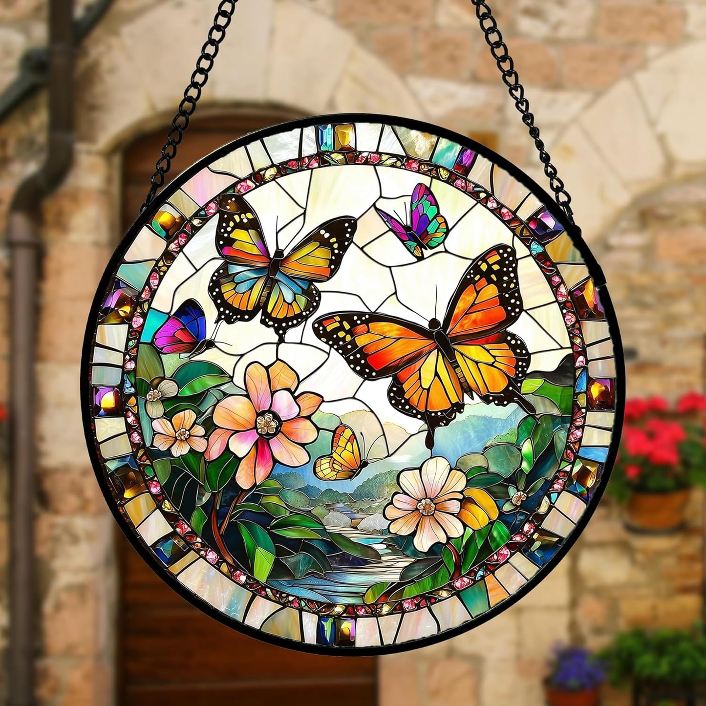 Stained Glass Window Hanging, Butterflies Flying in The Sky Suncatcher for Doors Home Sun Catchers Decoration and Christmas, Mother's Day Birthday Gifts for Women, Men, and Mom 9.8 in