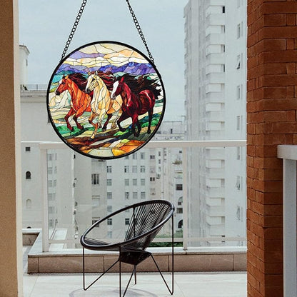 Stained Glass Window Hanging, Colorful Landscape Running Horse Suncatcher for Doors Window Home Sun Catchers Decoration Mother's Day Birthday Gifts for Women, Men, and Mom 6.3x6.3 in