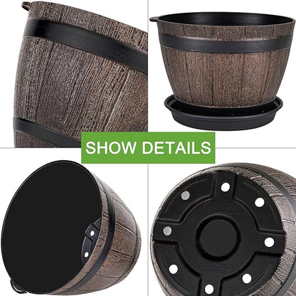 VECELO Plant Pots with Drainage Holes & Saucer, 7.6 Inch Flower Pots with Tray, 4 Pack Plastic Whiskey Barrel Planters for Indoor & Outdoor Garden Home Plants and Flowers