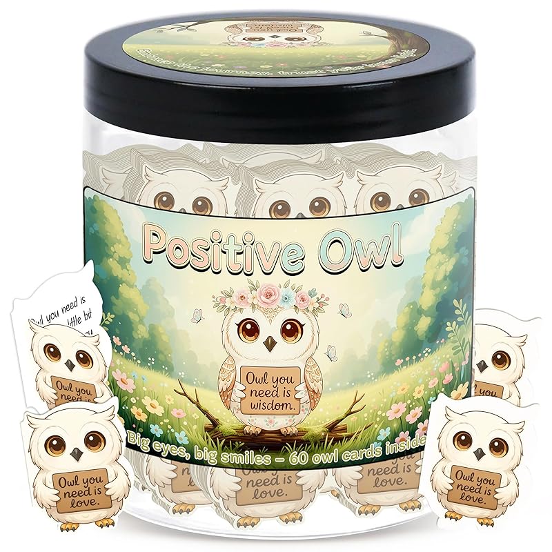 Positive Owl Jar With 60 Affirmation Cards – Emotional Support Owl Gifts For Women, Stress Relief And Daily Encouragement, Owl Themed Gifts, Positive Affirmations Cards, Office Decor For Women