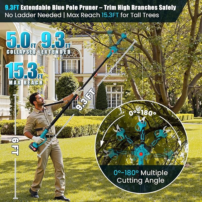 ANBULL 2-in-1 Pole Pruning Shears Cordless, 1.6" Cutting Diameter Cordless Pruner with 15.3FT Reach Extension Pole, Brushless Motor, 2×21V 4.0Ah Battery Powered Pole Pruner for Tree Trimming Garden