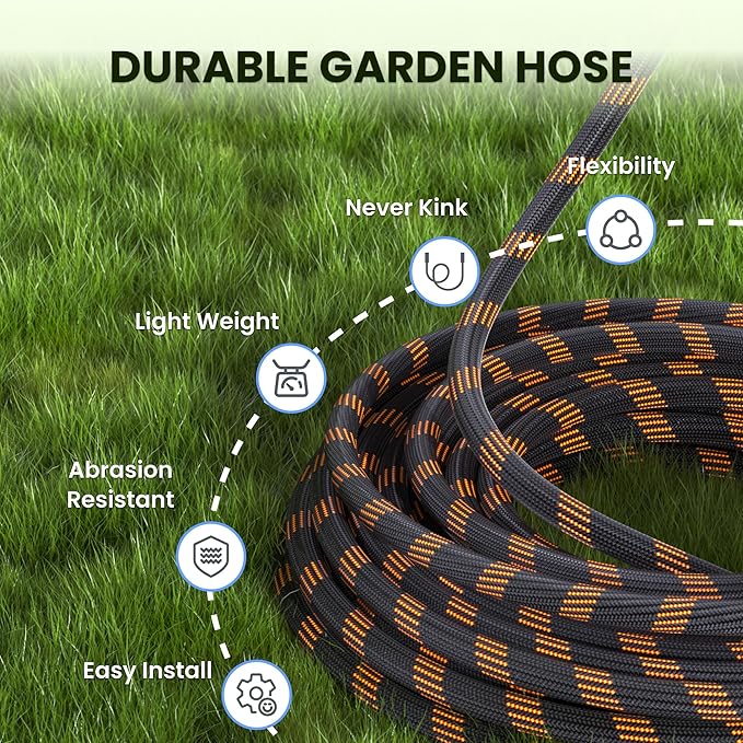 Giraffe Tools Garden Hose 25FT 1/2” Non-Expandable Lightweight Flexible Water Hoses Burst 600 psi with 9 Spray Function Nozzle Heavy Duty Hose