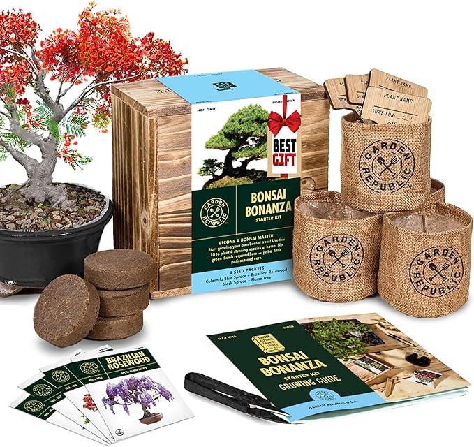 Garden Republic Bonsai Tree Kit - Mini Bonsai Seeds, 4 Types - Seed Starter Plant Growing Kit - Potting Soil Jute Bags Pruning Shears Scissor Tool Plant Markers - Gardening Gifts