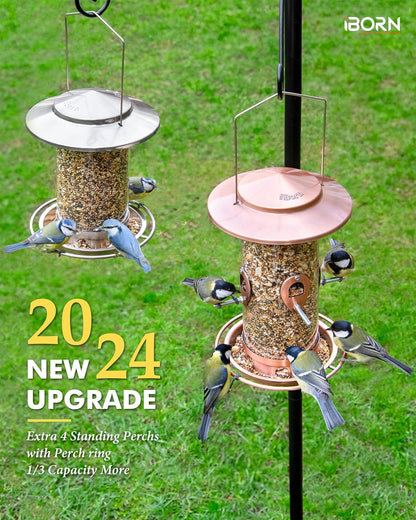 iBorn Metal Bird Feeder for Outside Hanging,Wild Bird Feeders for Cardinal,18cm Large Roof&Tray Brushed Copper 10 Port(Seed is not Included)