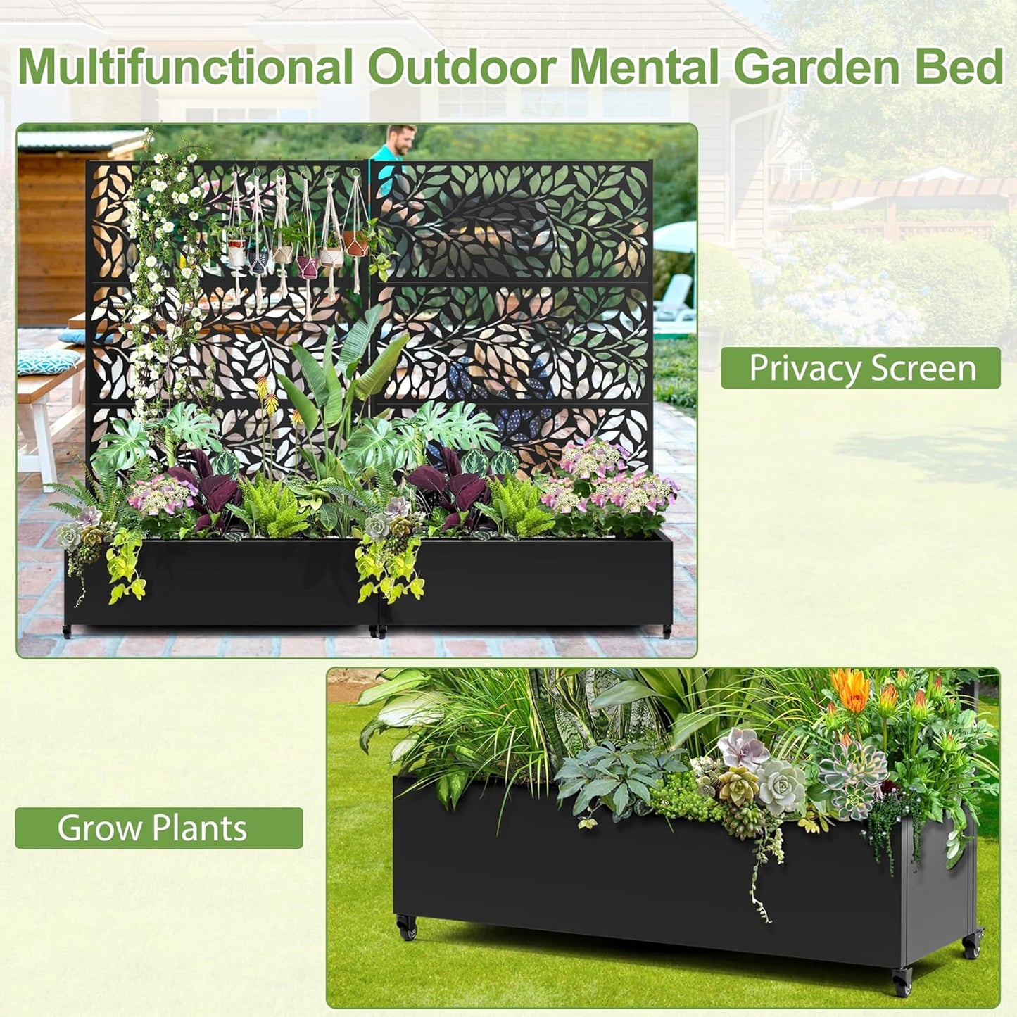 Raised Garden Bed with Trellis and Wheels,73"x47"x16" Metal Raised Garden Bed,Black Flowing Leaf-2 Metal Planter with Climbing Trellis for Vines & Vegetables