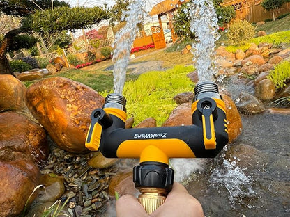 Full Flow Heavy Duty Two - Way Hose Splitter, Rugged Garden Faucet Adapter, Spout Diverter T - Way Adapter with Extended Handle, 3/4” GHT Thread, Yellow