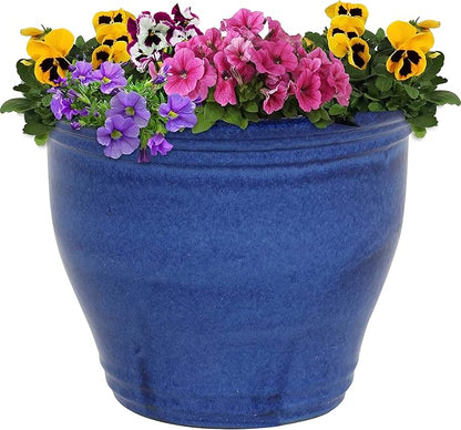 Sunnydaze Large Ceramic Plant Pot - Round Outdoor Glazed Ceramic Planter Pot with Drainage - Studio - Imperial Blue - 14.5"