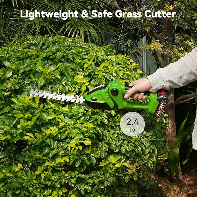 Hedge Trimmer Cordless, TOOVEM 2 in 1 Handheld Cordless Grass Shear with 2 Pcs Rechargeable Batterys and Charger, 24V Electric Weed Grass Cutter Shrubbery Trimmer for Garden, Lawn (Green)