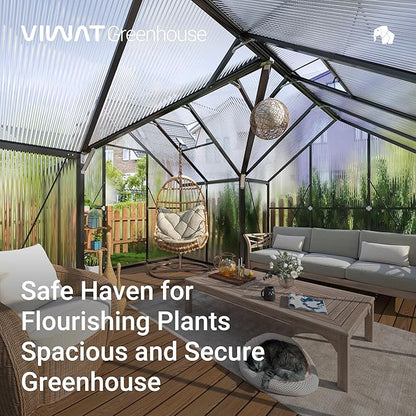 VIWAT T-Shape 12x12 FT Greenhouse for Outdoors, Polycarbonate Greenhouse with Quick Setup Structure, Double Roof Vents and Doors, Aluminum Walk-in Green House for Outside for Backyard Garden, Black