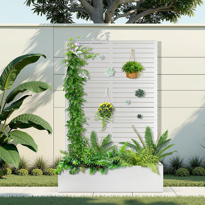 Metal Raised Garden Bed with Trellis, 2 in 1 Trellis with Planter Box & Privacy Screen for Climbing Plants, Vine, Outdoor Standing Flower Beds with Drainage Holes, 47" L x 16" W x 71" H, White