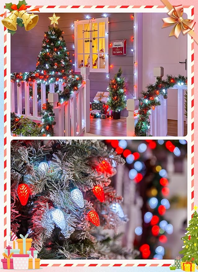 Brightown C9 Christmas Lights Outdoor, 114FT 150 LED Red and Pure White String Lights with Timer, 8 Modes, UL Listed Waterproof Connectable Christmas Tree Lights for House, Roof, Garden, Patio Decor