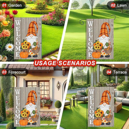 Thanksgiving Fall Garden Flag 12x18 Inch Welcome Gnome Flag Double Sided Autumn Yard Banner Sunflowers Pumpkins Acorn Basket for Porch Lawn Patio Seasonal Decor
