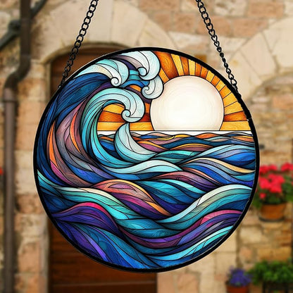 Stained Glass Window Hanging, Big Wave Sun Suncatcher Diamond Glass Panel Hangings Abstract Sun Catchers Decor for Birthday for Women, Men, Wife, Aunt,and Mom 6.3X6.3IN