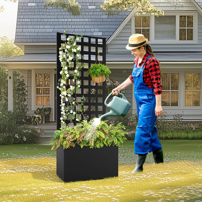 Metal Planter Box with Trellis, Raised Garder Bed with Drainage Hole, Privacy Screen & Trellis for Climbing Plants, Outdoor Plant Stands, 24''L×12''W×63''H, Black