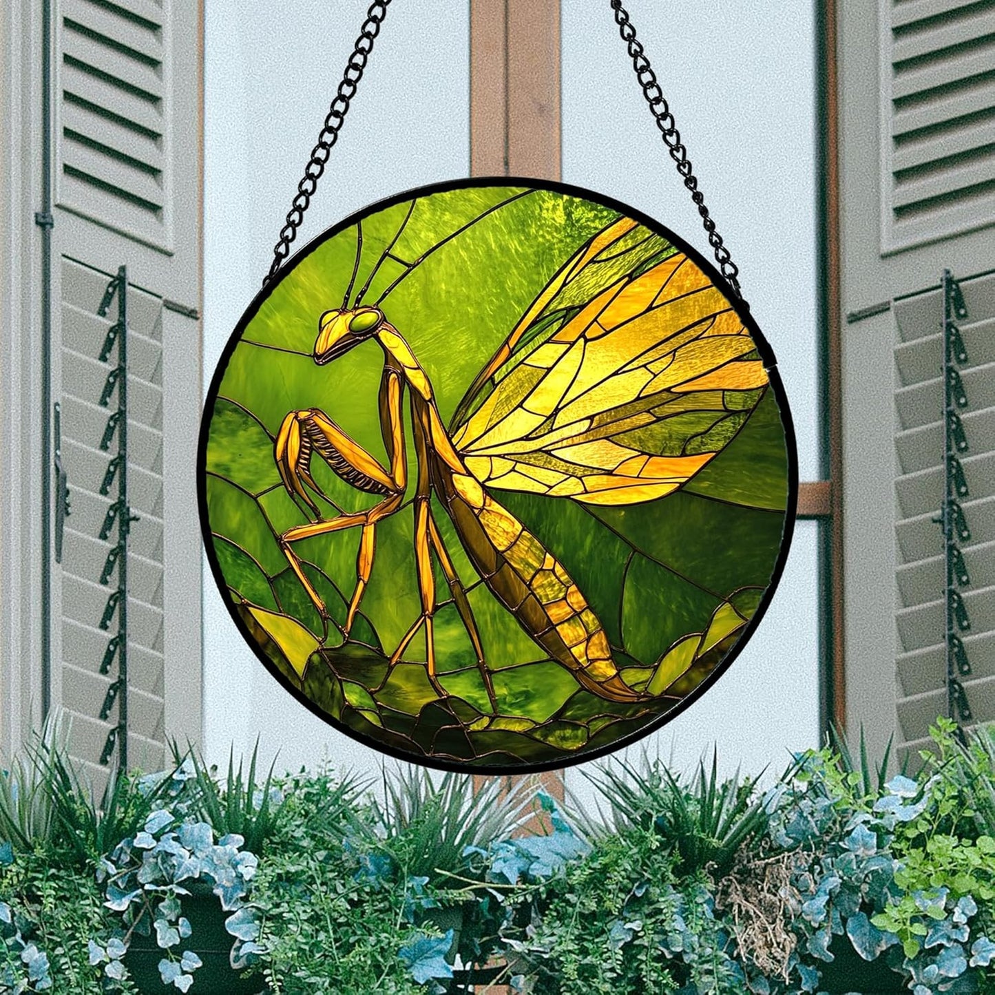 Stained Glass Window Hanging 4 Pcs Set Green Plants Yellow Insect Theme 6.3" - Suncatcher Door Garden Sun Catcher Decor Birthday Christmas for Mom Woman Nana Men