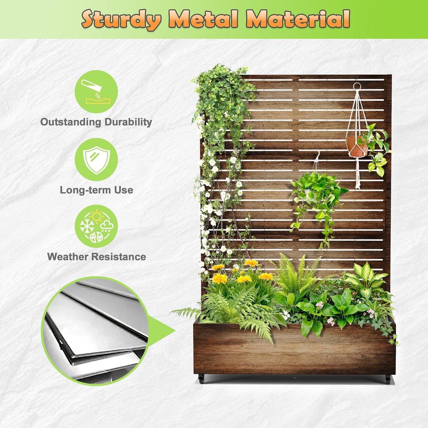 Metal Raised Garden Bed with Trellis, 2-in-1 Planter Box & Privacy Screen for Climbing Plants, Outdoor Standing Flower Bed with Drainage Holes, 47.2" L x 16.7" W x 70.8" H, Vintage Wood Grain