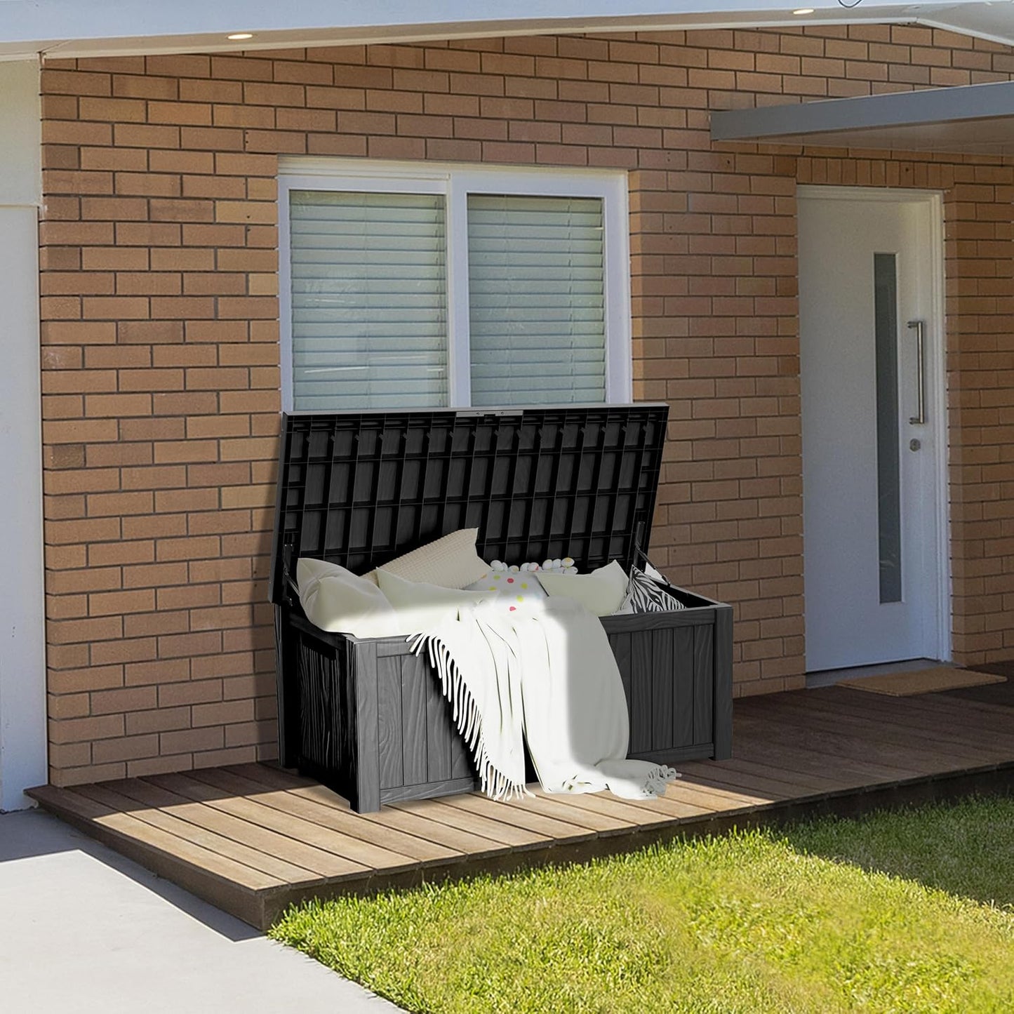 TARKARI 150 Gallon Lockable Resin Deck Box, Waterproof & UV-Resistant Outdoor Storage Box for Outdoor Cushion Storage, Garden Tools & Pool Accessories Storage, Black