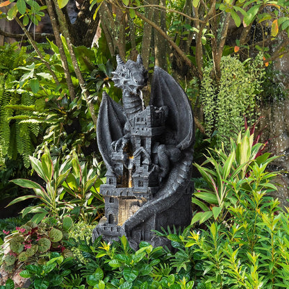 Glitzhome 4-Tiered Cascading Outdoor Water Fountain for Garden Patio Yard Mystical Gothic Dragon Water Fountains Outdoor with LED Lights & Pump, Large Floor Stand Fountain Dragon Waterfalls 36.5" H