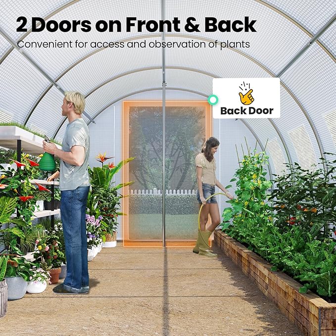 KING BIRD Premium 25x10x6.6FT Greenhouse for Outdoors, Large Walk-in Upgraded Galvanized Metal Frame, Mesh Door Screen Window Improved Zipper Tunnel Hoop for Garden Plant Winter, 2 Stiffeners, White