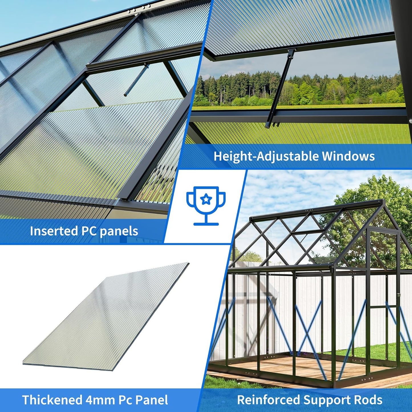 WKM 5.8x7.3 FT Greenhouse for Outdoors, Quick-fit Structure Greenhouse with Window for Ventilation, Aluminum Green House for Garden Backyard, Black