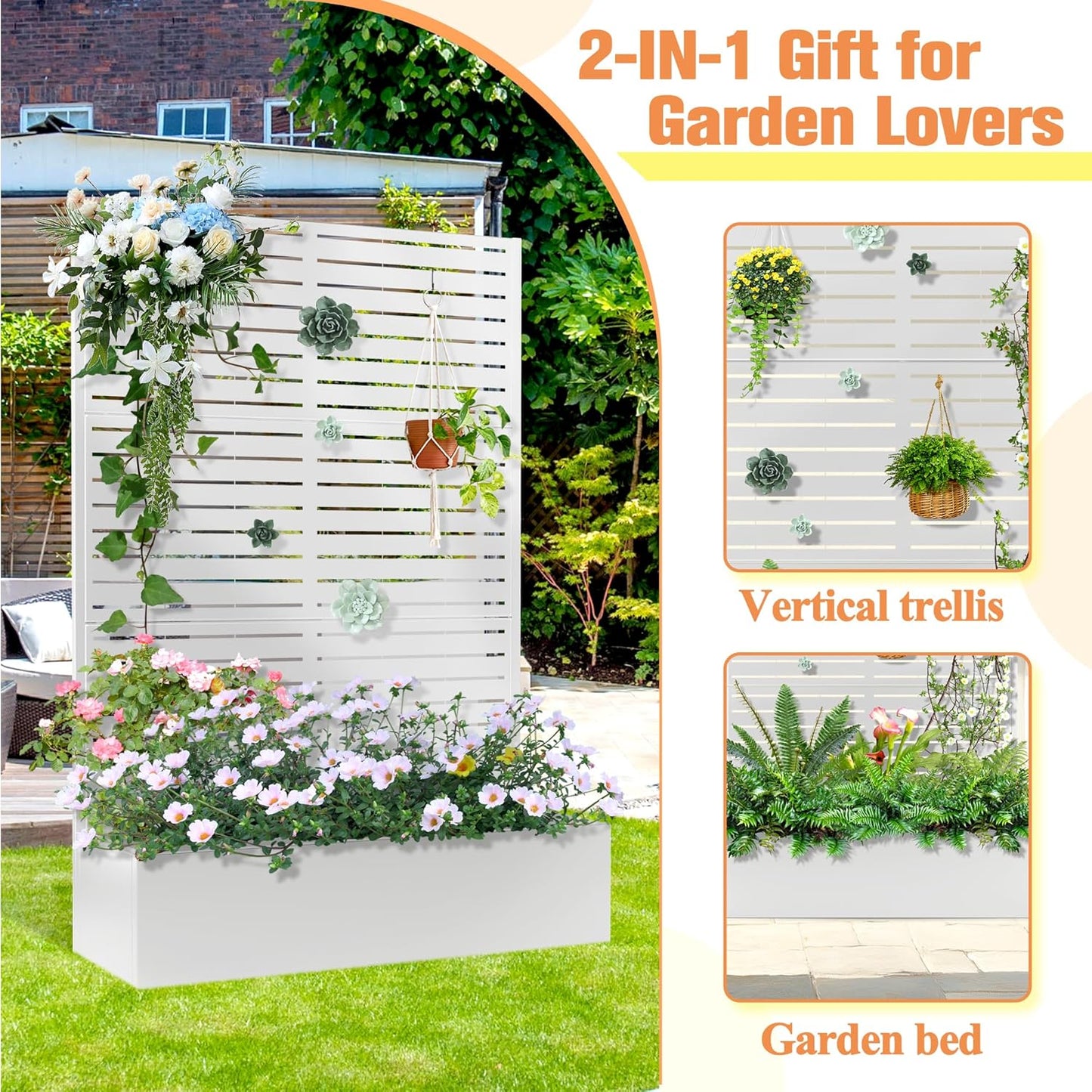 Metal Planter Box with Trellis, Raised Garder Bed with Drainage Hole, Privacy Screen & Trellis for Climbing Plants, Outdoor Plant Stands, 47''L×16''W×71''H, White