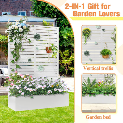 Metal Planter Box with Trellis, Raised Garder Bed with Drainage Hole, Privacy Screen & Trellis for Climbing Plants, Outdoor Plant Stands, 47''L×16''W×71''H, White