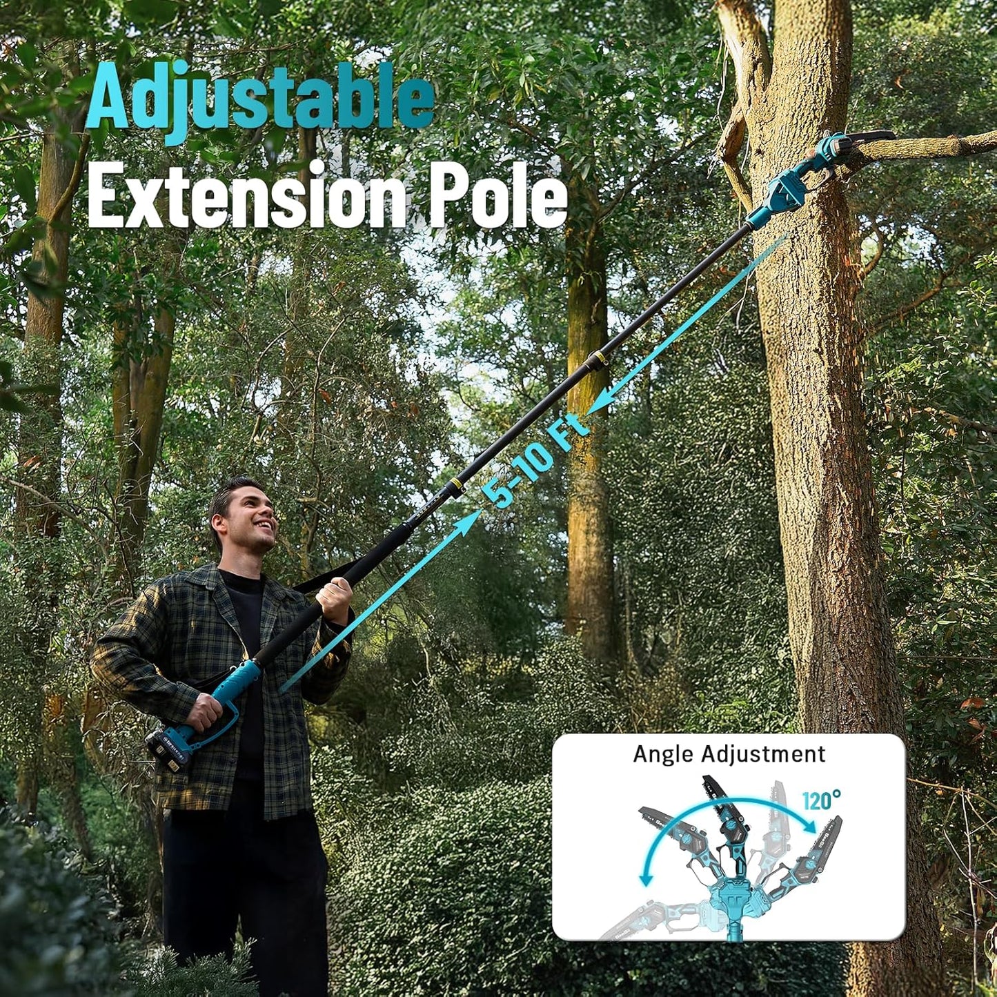 SEESII PS620 2-in-1 Electric Pole Saws: 6 Inch Mini Chainsaw Cordless with Extension Pole, 2Pcs Batteries, Brushless Chain Saw for Limb Branch Cutter, Battery Tree Trimmers Pruner,16Ft Long Reach