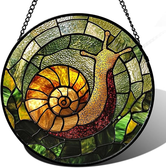 Stained Glass Window Hanging, Green Orange Snail Sun Catcher for Door Home Decor Suncatcher Christmas Mother's Day Birthday Gifts for Women Men Mom and Nana 6.3 in