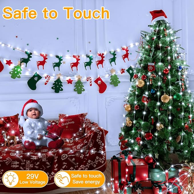 Ollny Christmas Lights Cool White, 600LED 197FT Christmas Tree Lights IP67 Waterproof, Plug in Fairy Lights with Remote 8 Modes Timer, Xmas Light for Outdoor Indoor House Holiday Decor