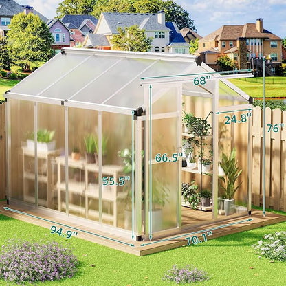 6x8 FT Polycarbonate Greenhouse with Roof Vent - Large Aluminum Walk-in Greenhouse Kit for Gardening, Backyard, Patio, Lawn - Easy Assembly