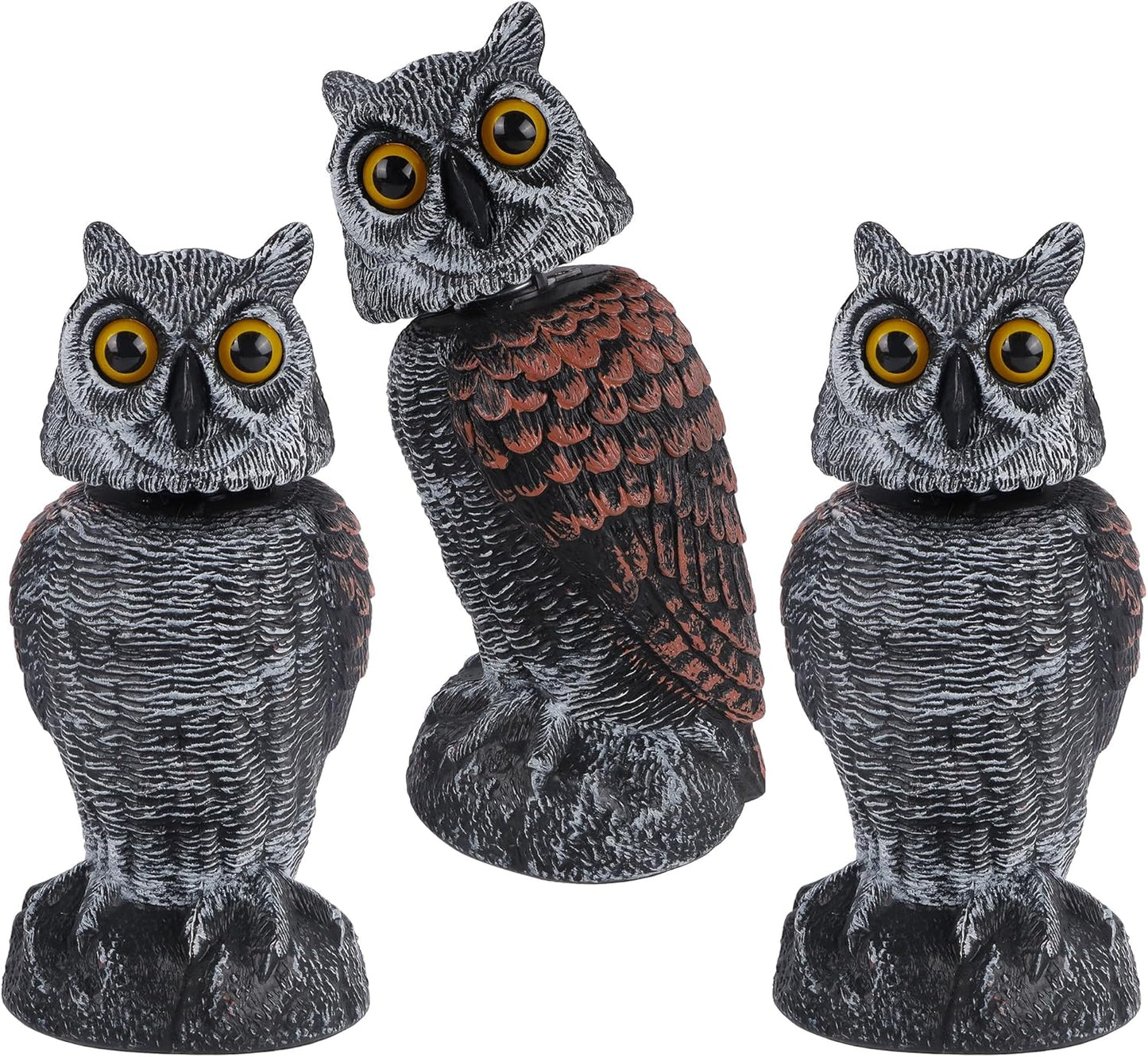 Hausse 3 Pack Bird Scarecrow Fake Owl Decoy Sculpture, Rotating Head Plastic Owl Bird Deterrents, 10.6 Inch Height Nature Enemy Horned Pest Repellent for Outdoor Garden Yard