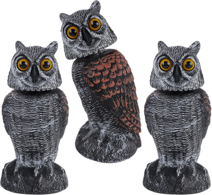 Hausse 3 Pack Bird Scarecrow Fake Owl Decoy Sculpture, Rotating Head Plastic Owl Bird Deterrents, 10.6 Inch Height Nature Enemy Horned Pest Repellent for Outdoor Garden Yard