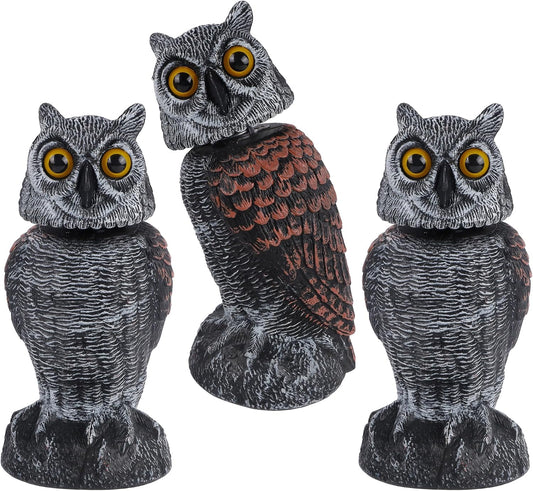 Hausse 3 Pack Bird Scarecrow Fake Owl Decoy Sculpture, Rotating Head Plastic Owl Bird Deterrents, 10.6 Inch Height Nature Enemy Horned Pest Repellent for Outdoor Garden Yard
