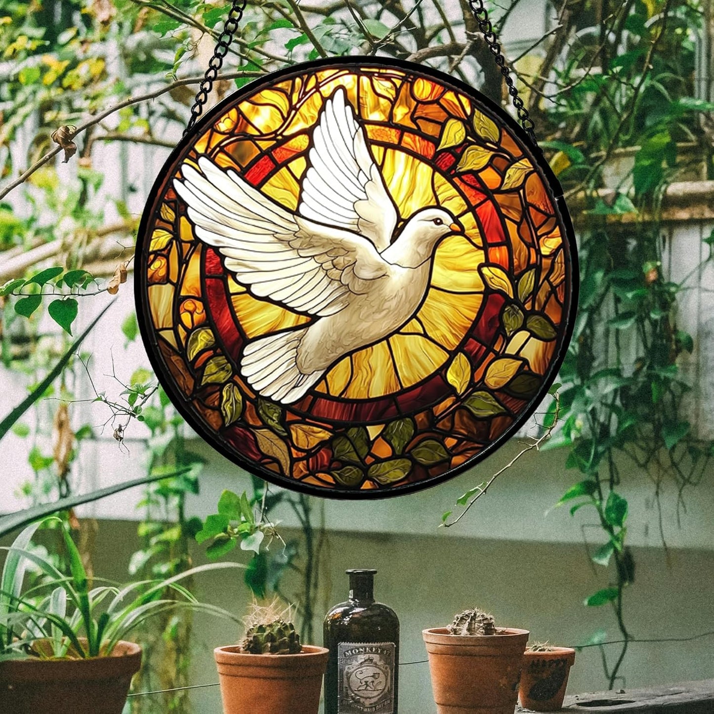 Stained Glass Window Hanging, Flying White Dove Sun Catchers Diamond Glass Panel Hangings Cute Birds Suncatcher Decor for Birthday for Women, Men, Wife, Aunt, and Mom 14.9 in