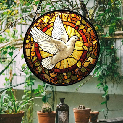 Stained Glass Window Hanging, Flying White Dove Sun Catchers Diamond Glass Panel Hangings Cute Birds Suncatcher Decor for Birthday for Women, Men, Wife, Aunt, and Mom 14.9 in