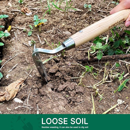 Berry&Bird Japanese Weeder-Scraper-Hoe, 12.67-Inch Gardening Sickle Hoe, Stainless Steel Bent Angle Weeding Sickle, Weeder Hoe with Ergonomic Ash Wood Handle for Weeding, Soil loosening, Digging