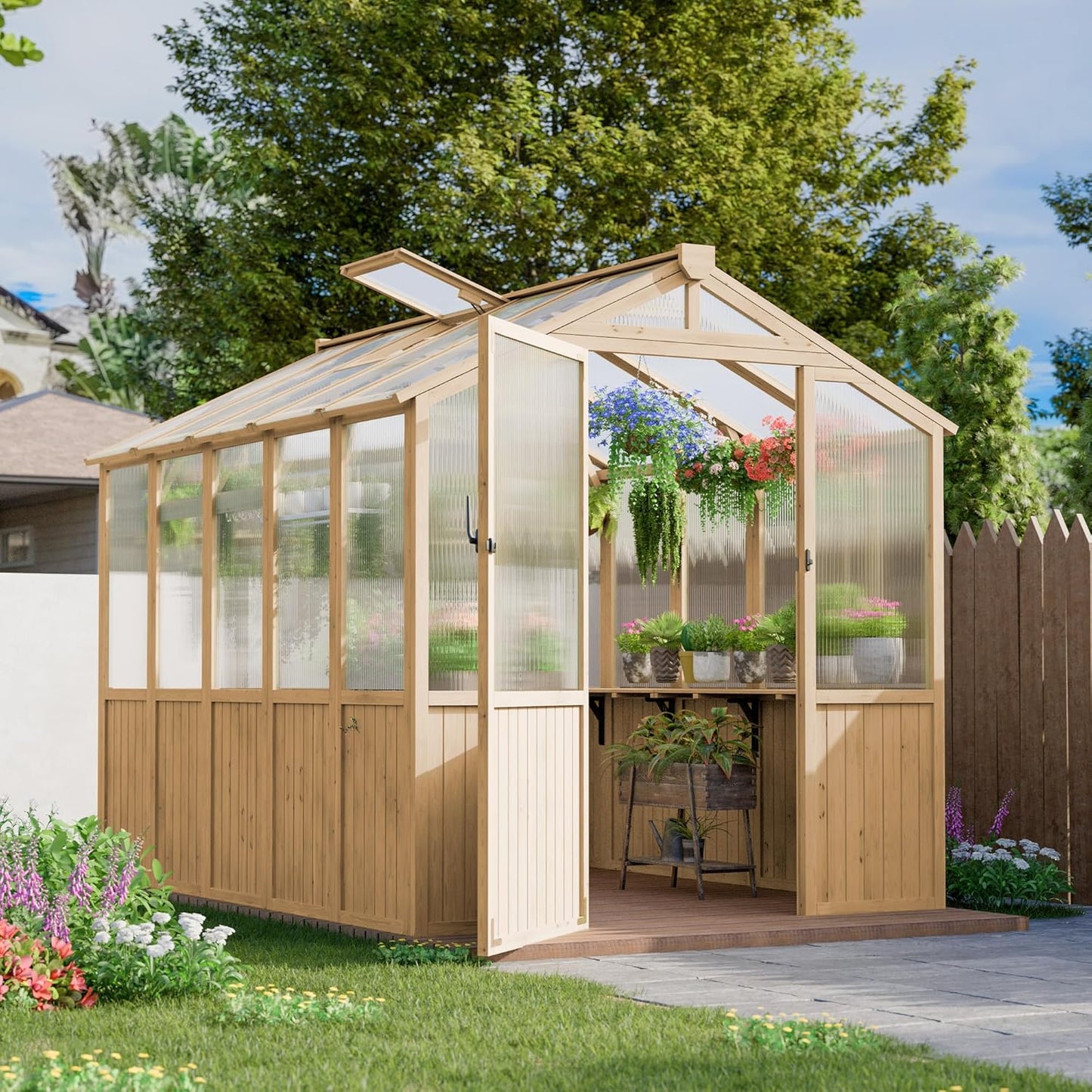 Restland 6x8 FT Wood Greenhouse with Shelves Reinforced Frame Walk-in Greenhouses with Adjustable Roof Vents & Lockable Door Polycarbonate Green House for Outside