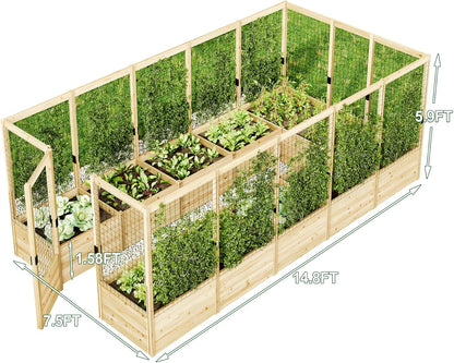 AMERLIFE U-Shaped Raised Garden Bed with Deer Proof Fence, 7.5Wx15Dx6H Outdoor Wooden Raised Garden Bed Planter with 19" Depth Planter Box