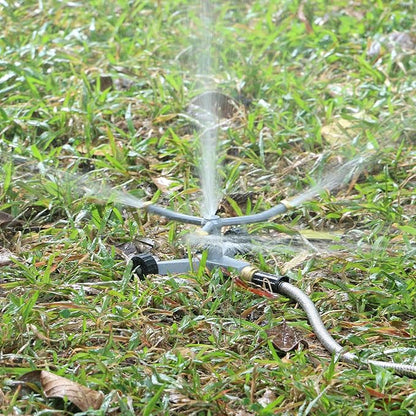 STYDDI Metal Rotating Water Sprinkler for Lawn, Heavy Duty Metal 3-Arms Whirling 360 Degree Automatic Rotary Sprinkler with Wheeled Base for Small Areas, Garden, Yard, Cover up to 1,384 Sq. ft.