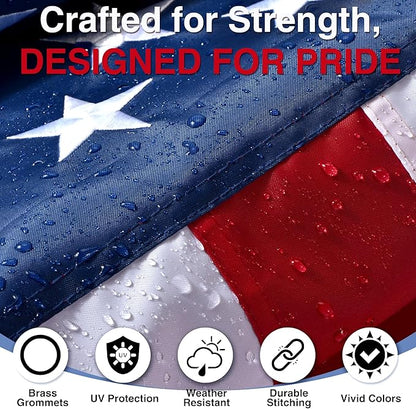 American Flags for Outside 5x8 FT- Heavy Duty US Flag USA Flag with Embroidered Stars, Sewn Stripes & Brass Grommets, Weather-Resistant, 4th of July Decorations