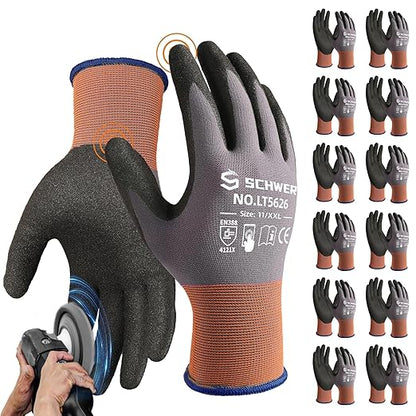Schwer 12 Pairs Safety Work Gloves with Sandy Nitrile Coating LT5626, Max Abrasion Resistance Heavy Duty Glove with Grip for Men Women, Ideal for General Use, Mechanic, Construction, Gardening, 2XL