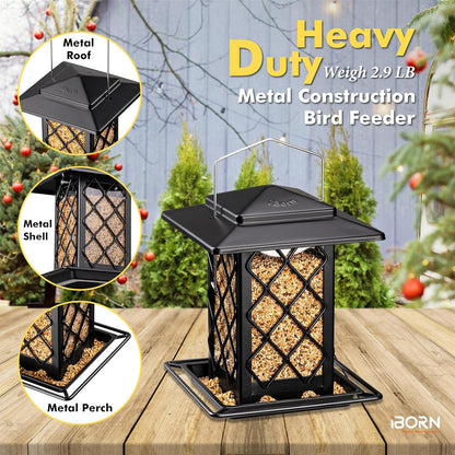 iBorn Bird Feeders for Outdoors, Metal Bird Feeder, Wild Bird Feeders for Cardinal, 2.4LBS Capacity,18cm Large Roof, Lantern Style, Black